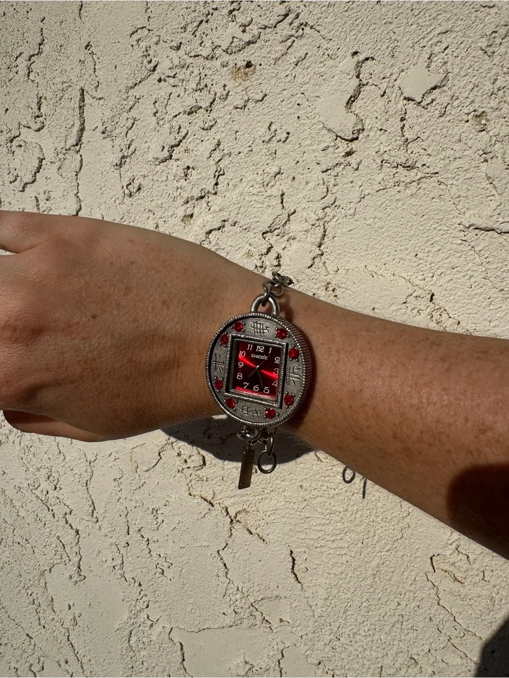 Vintage Silver Bracelet Watch with Red Dial and Red Accents
